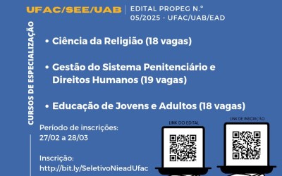 Inscrições abertas para cursos de especialização EaD no Polo UAB/Sena Madureira